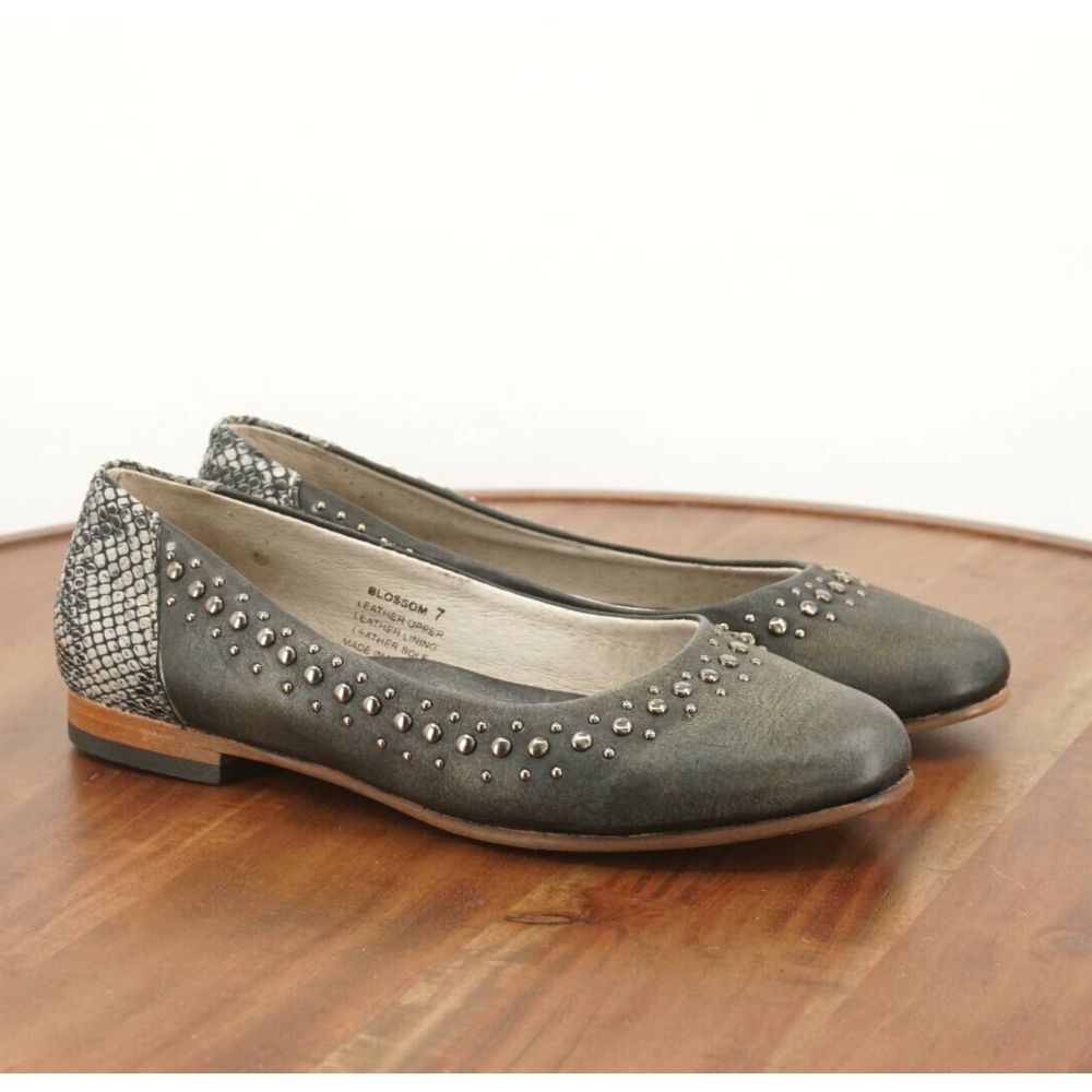 Freebird Gray Studded Flats with Snakeskin Detail